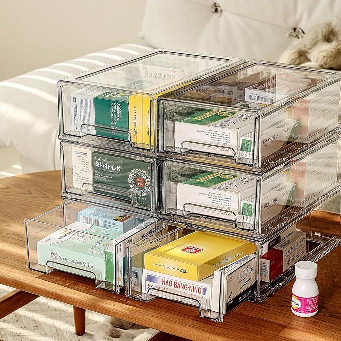 6 Pack Stackable Organizer Drawers, Clear Desk Storage Box,Transparent Drawer in Home, Office and Kitchen Pull Out Organizer Bins for Make Up, Jewelry, Pen, Desktop Stationary (6L drawer) by sgoostood