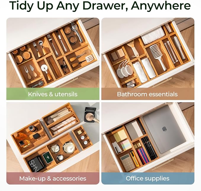 keechee 10-Piece Bamboo Drawer Organizer Set, 2.2" Deep Multi-Use Organizers for Utensils, Silverware, Cutlery, Desk, Bathroom, Junk Drawer & Makeup, Non-Slip Feet Included. - Image 4