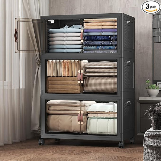 504QT Stackable Storage Bins with Lids, Doors & Wheels | Closet Organizers and Storage Cabinet , Lockable Plastic Foldable Drawers for Bedroom Dorm Office Garage（168QT*3,Black） by UAMFURIDirect