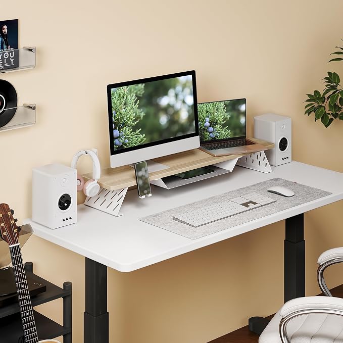Fenge Dual Monitor Stand, Wooden Desk Shelf with Headphone & Phone Holder | 42.5" Monitor Riser with Storage Shelf, 2-Tier Monitor Shelf with Metal Leg for Home Office Organizer, Oak - Image 7