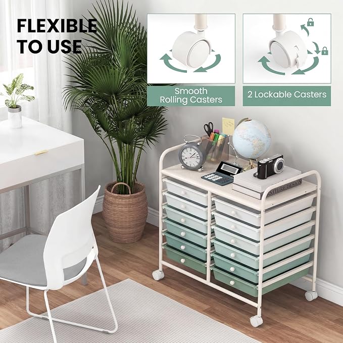 Giantex 12 Drawers Rolling Cart, Mobile Storage Drawer Cart, Classroom Organizer Cart for Office School Supplies Tools Scrapbook Paper Craft Small Printer, Utility Cart on Wheels, Green Gradient - Image 7