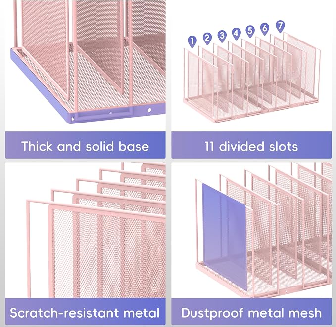 File Organizer for Desk, 7-Section Vertical File Sorter, Paper Holder Organizer Standing Metal File Folder for Office Home Classroom, Pink - Image 6