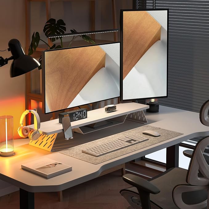 Fenge Dual Monitor Stand, Wooden Desk Shelf with Headphone & Phone Holder | 42.5" Monitor Riser with Storage Shelf, 2-Tier Monitor Shelf with Metal Leg for Home Office Organizer, White - Image 2