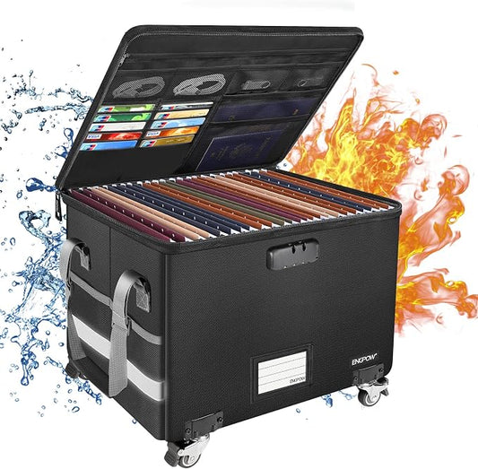 ENGPOW Fireproof Document Box with Wheels, Collapsible File Box with Lock, Rolling File Storage Organizer Filing Cabinet with Pockets, Portable Home Office Safe for Hanging Letter/Legal Folder by ENGPOW