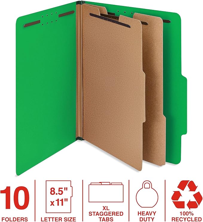 Staples 100% Recycled Heavy‑Duty Classification Folder, Letter Size, 2 Dividers, 2″ Expansion, Green Pressboard, Durable Construction, 10/Box - Image 2