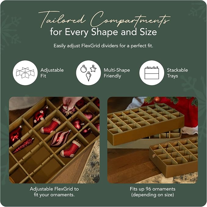 Covermates Keepsakes Adjustable Ornament Storage Box – Heavy-Duty Polyester, Padded Dividers & FlexGrid Trays – Protective Holiday Organizer with Stackable Walls & Label Window, Red Snowflake - Image 5