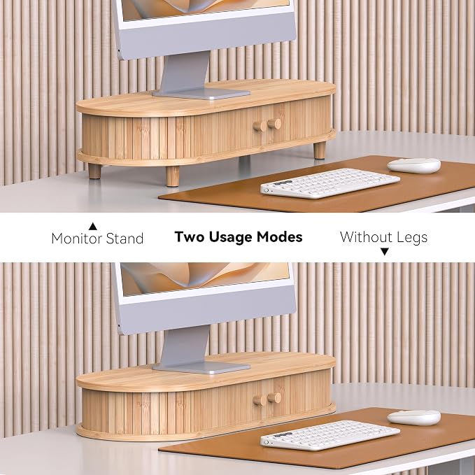 Bamboo Monitor Stand with Storage, 25 Inch Desk Shelf Riser | Curved Computer Laptop Stand Desk Shelf Organizer with Sliding Doors for 47-55 Inch Desk - Image 6