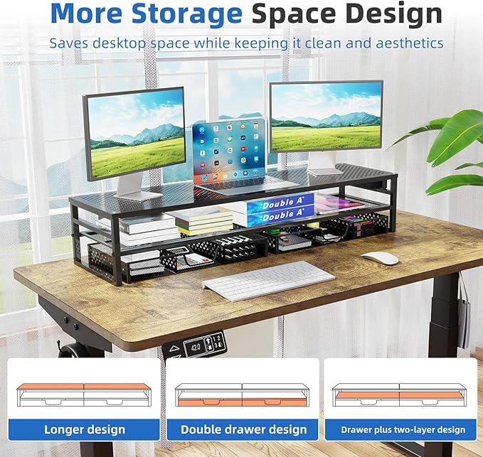 Simple Trending 2-Tier Metal Dual Monitor Stand with USB & 2 Drawers, Black | 32"W x 10"D x 7"H. USB 2.0 + charging port. 2 drawers. Mesh cooling vents. Holds 100 lbs. Non-slip base. Cable ties included. - Image 3