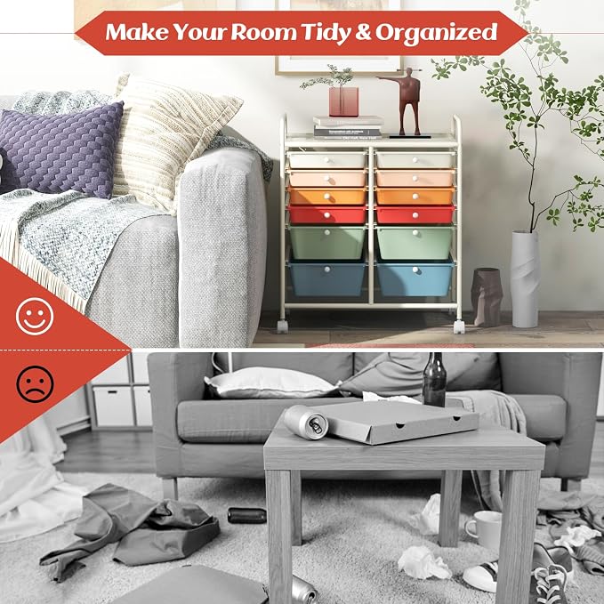 GOFLAME 12-Drawer Rolling Storage Cart, Multipurpose Organizer with 2 Sizes Plastic Drawers, Mobile Utility Cart with Lockable Casters for Home, Office, Beauty Salon, School, Macaron Color - Image 7