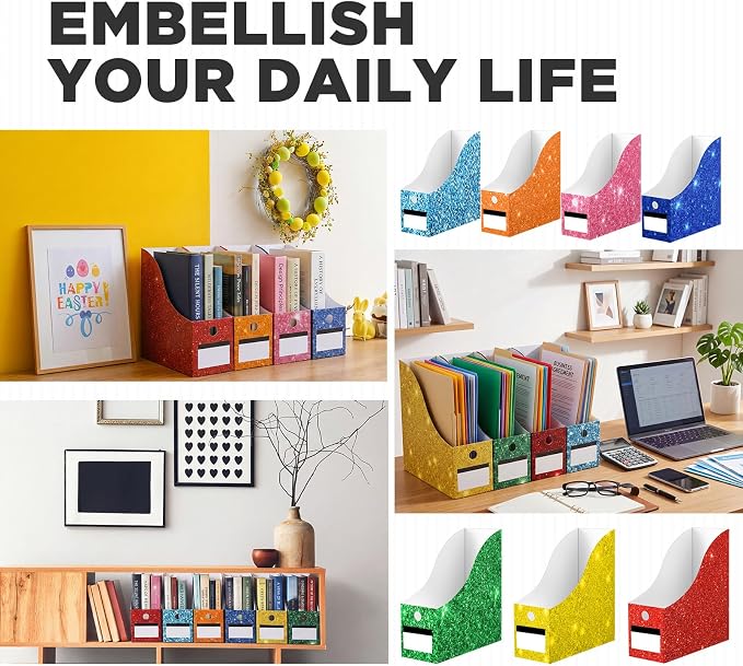 32 Pcs Magazine File Holder Set Including Colored Foldable Desk File Holder Organizer White Label Stickers Cat Pen Cardboard Magazine Storage Box for Document School Office (Solid,Glitter) - Image 6