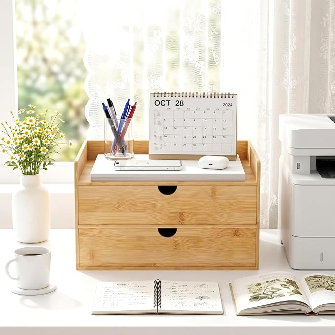 Bamboo Desk Organizer with Drawers, Desktop Storage for Office Supplies | 2 Drawers Desktop organizer, No Assembly Required, Natural Wood Wooden Desktop Drawers Box for Bills, Cosmetics, Seals, Paper - Image 2
