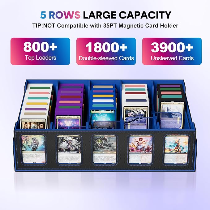 UAONO 5-Row Trading Card Storage Box with Commander Display, Black Blue | 3900+ Card Box with Removable Cover, Card Case Fits MTG TCG Sports Cards, 48 Dividers, 5 Stoppers, 5 Top Loaders, Dice Box - Image 2