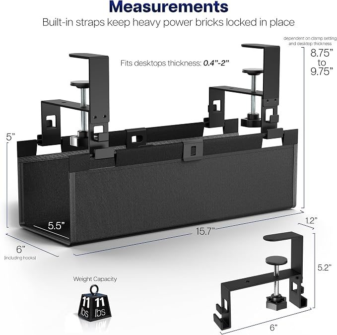 VIVO Clamp-on Under Desk 16 inch Fabric Cable Management Tray, Wire Concealer, Power Strip Storage, Workspace Organization, Easy Fold Down Access, Black, DESK-AC16F-C - Image 5