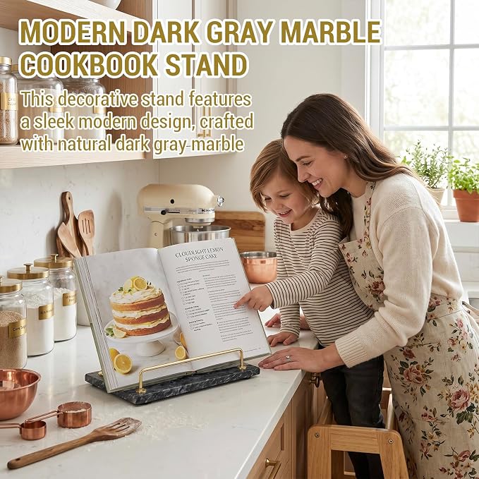 MyGift Black Marble Cookbook Stand, Recipe Holder with Brass Tone Rail | Modern black marble cookbook stand features a brass-tone metal rail to display recipes, books, tablets, and kitchen décor - Image 2
