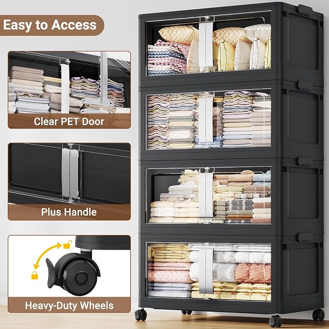 BROVIEW 160QT Stackable Storage Bins with Lids, 40Gal Extra Large Collapsible Storage Box with Wheel, Plastic Storages with Clear Door Open Front for Home Kitchen Garage, Black-1pack - Image 5