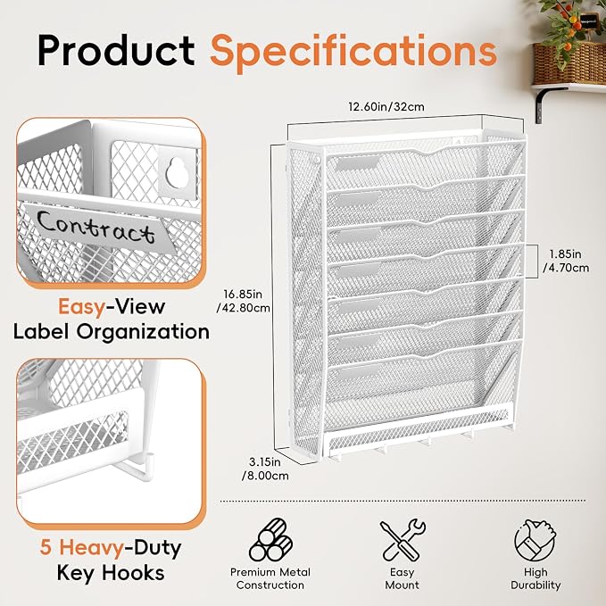 8-Tier Wall File Organizer with Hook, Hanging File Organizer White | Wall-mounted mail storage holds papers, folders, files, clipboards and magazines, assembly required for office or home use. - Image 2