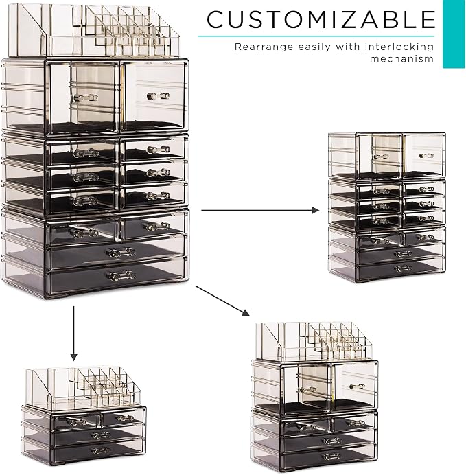 Sorbus Large Makeup Organizer - Clear Stackable Jewelry & Makeup Organizer For Vanity, Bathroom Storage, Dresser - 12 Drawers Cosmetic Beauty Organizers and Storage with Lipstick, Makeup Brush Holder - Image 2