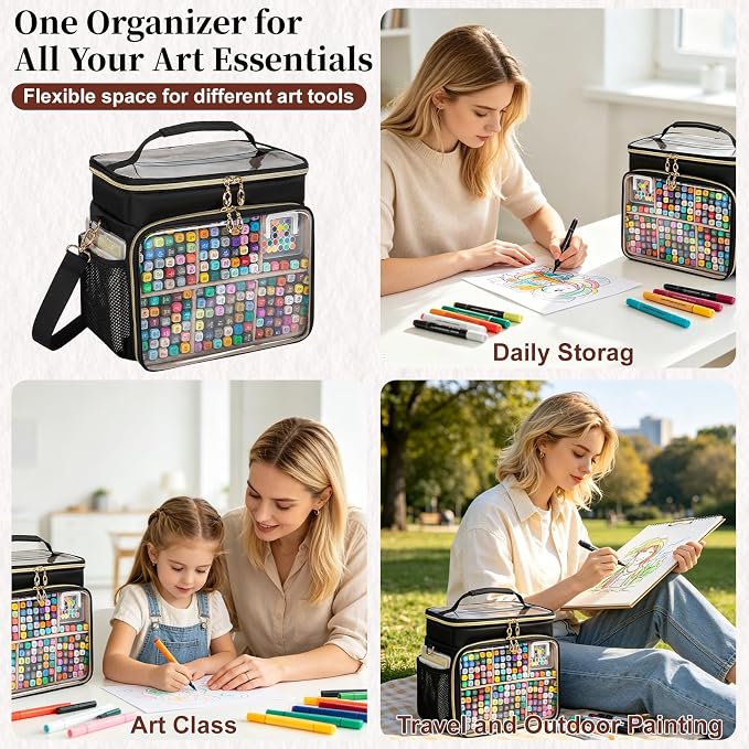 Large Double-Layer Marker Organizer Case for 200-300 Markers, Black | Marker Bag with Removable Dividers, Marker Organizer for Markers, Pencils, Crayons or Other Art Supplies, (Bag Only) - Image 7