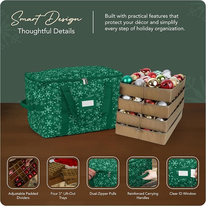 Covermates Keepsakes Adjustable Ornament Storage Bag – Heavy-Duty Polyester, Padded Dividers & FlexGrid Trays – Protective Holiday Ornament Organizer with Handles & Label Window, Green Snowflake - Image 4