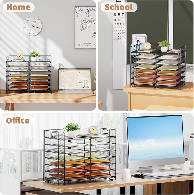Marbrasse 12 Slots Desktop Literature Organizer, 7-Tier Mesh Paper Organizer for Desk, Adjustable Mail File Sorter Tray with Handle, Desktop Classroom Mailbox Cabinet for Office Home School, Black - Image 7