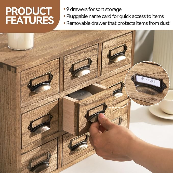 KIRIGEN Wooden Desk Organizer with 9 Drawers, Storage Cabinet, Brown | Solid Wood Desktop Organizer with Metal Label Handles for Office Supplies, Crafts, Tea Bags, Makeup, Fully Assembled - Image 5