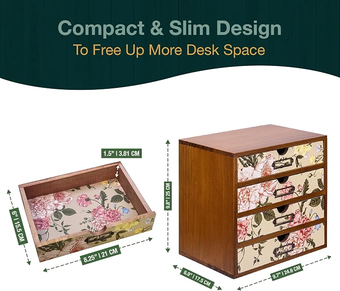 4-Drawer Vintage Desk Organizer with Jacobean Pattern Pastel Flowers Curio Drawer Dresser, Closet, Tabletop - Embroidery Reel Shelf Wood Desktop Organizing Cabinet - Victorian Floral Design - Image 2