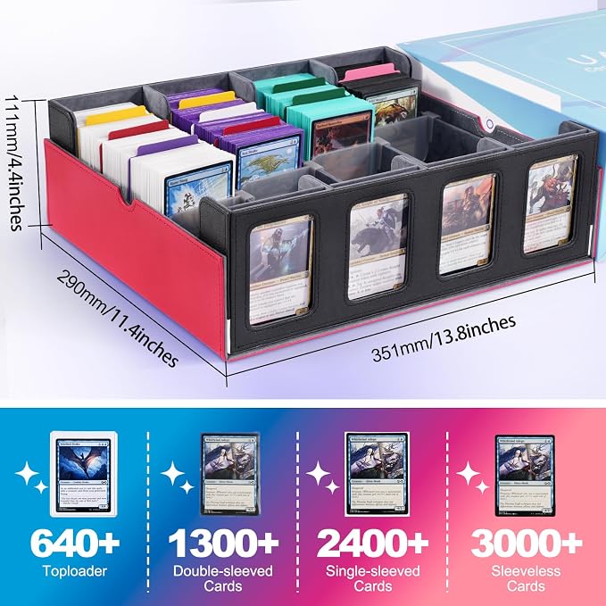 UAONO Trading Card Storage Box with Commander Display, Red White | 2400+ Deck Box for MTG with Removable Cover, Top Loaders Card Case Fits Magic TCG PTCG Sports Cards, 24 Dividers, 4 Stoppers - Image 3
