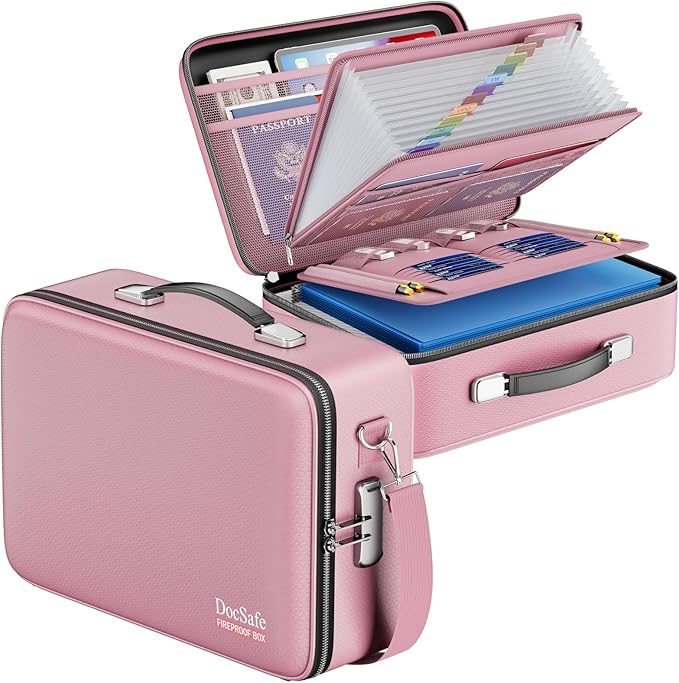 DocSafe Fireproof Document Box with Lock＆Shoulder Strap,Hard Case File Organizer with Accordion File Folder,Multi-Layer Portable Home Office Travel Safe Storage for Important Documents Laptop Pink by DocSafe