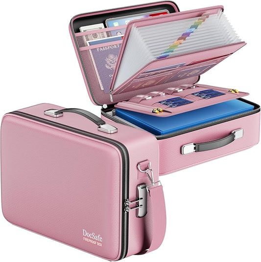 DocSafe Fireproof Document Box with Lock＆Shoulder Strap,Hard Case File Organizer with Accordion File Folder,Multi-Layer Portable Home Office Travel Safe Storage for Important Documents Laptop Pink by DocSafe