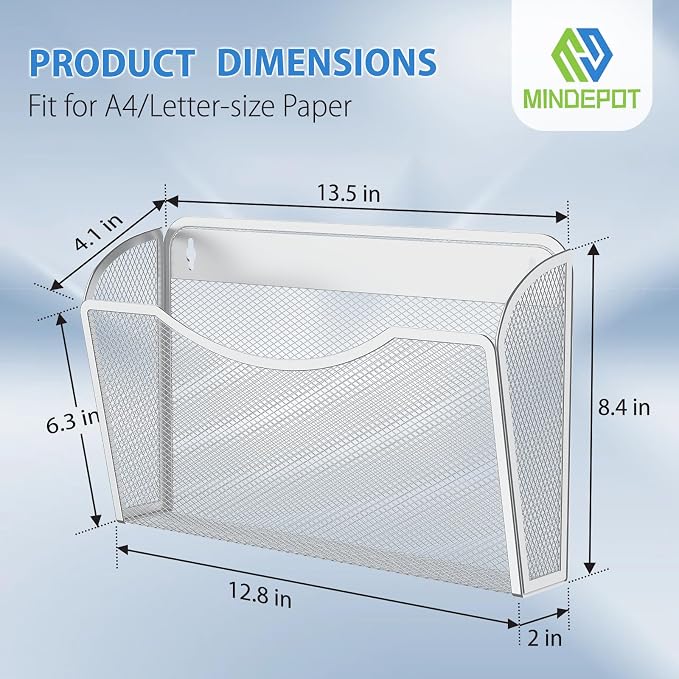 MINDEPOT Wall File Organizer, Hanging Wall File Holder, 1 Pack, White | Heavy Duty Iron, Metal Mesh Wall Mount, Single Pocket, Mail Organizer, for Office School Classroom Home, Letter A4 Size - Image 2