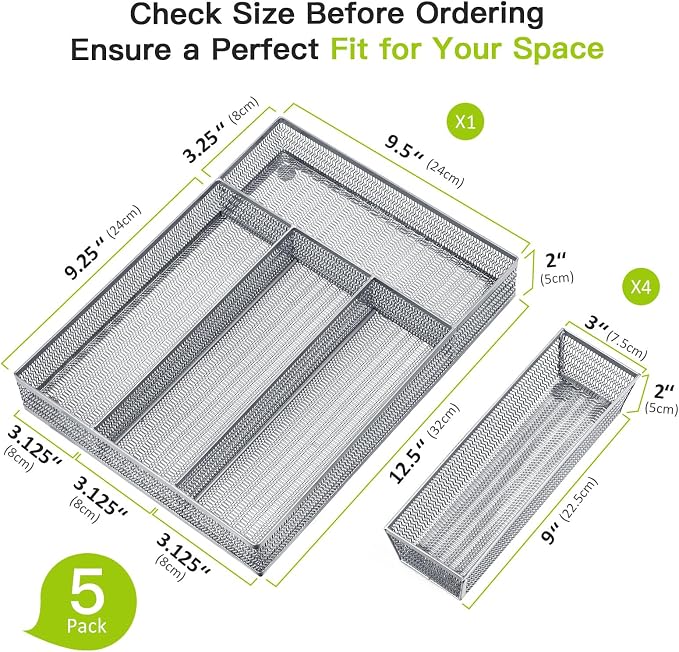 Neudeco Drawer Organizer Set, Silver, 5 Pack | 4-Compartment Silverware Tray, 4 Utensil Trays, Silver Mesh, Non-Slip, For Flatware, Cutlery, Office Supplies - Image 3