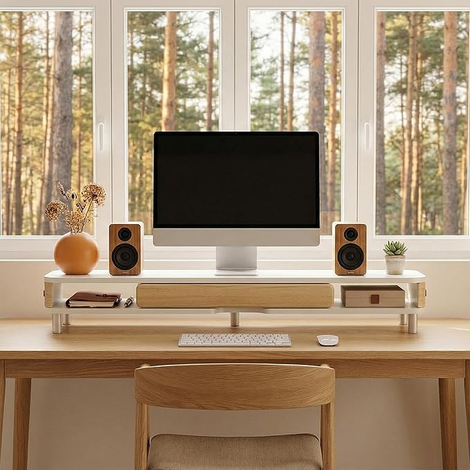 Fenge Dual Monitor Stand with Large Storage Drawer, 42.5" Dsek Shelf, White | Slide-Out Drawer with Wood Grain Finish, Ergonomic Monitor Riser, Aluminum leg, 2-Tier Desk Organizer for Laptop, TV, PC - Image 2