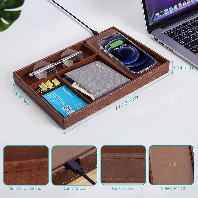 Valet Tray, Built in Wireless Charging Pad, Nightstand Organizer, Dresser Organizer, Mens Jewelry Box, Valet Charging Station, Faux Leather Valet Tray for Men and Women, Brown - Image 5