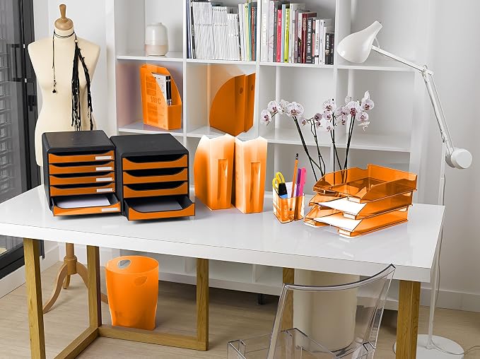 Exacompta - Ref 3097288D - Big-Box Plus Desktop Drawer Set - 5 x 43mm Drawers, Suitable for A4+ Documents, 347 x 278 x 271mm, 100% Recycled Plastic - Black/Glossy Tangerine - Image 5
