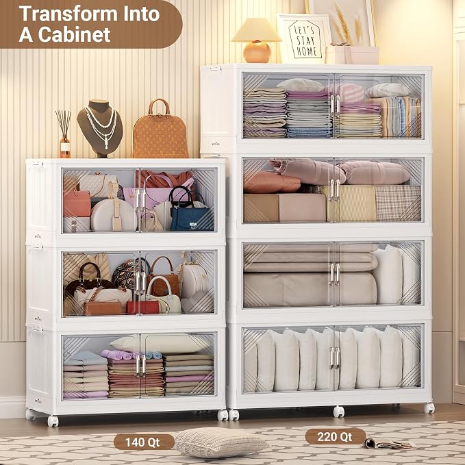 BROVIEW V60 220QT Plastic Stackable Storage Bins with Lid, 1Pack White | 55Gal Extra Large Closet Organizers Collapsible Cabinets Boxes With Drawer, Foldable Container with 6x Wheels for Home - Image 6