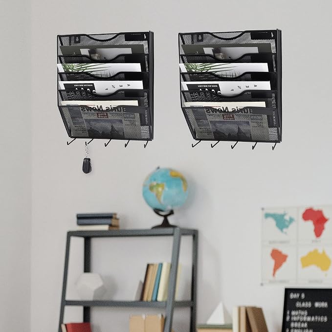 5 Pocket Mesh Hanging File Organizer with Key Holder Hooks & Nametag Label, Wall Mounted Mail Paper Document Folder Storage Organization Magazine Rack for Office Cubicle, 5 Tier Black - Image 3