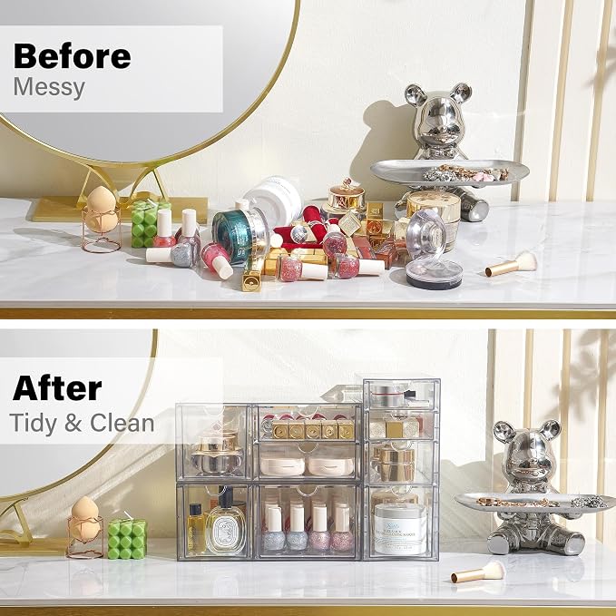 Prsildan Acrylic Drawer Makeup Organizer with 9 Drawers, Set of 3 Office Desk Organizers Accessories, Clear Stackable Storage Drawers for Vanity, Countertop, Craft, Jewelry, Art Supply Organization - Image 6
