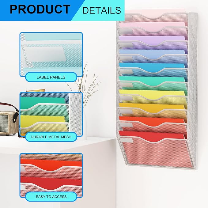 10 Pockets Mesh Hanging Wall File Holder Organizer Wall Mounted Paper Magazine Rack, Silver - Image 4