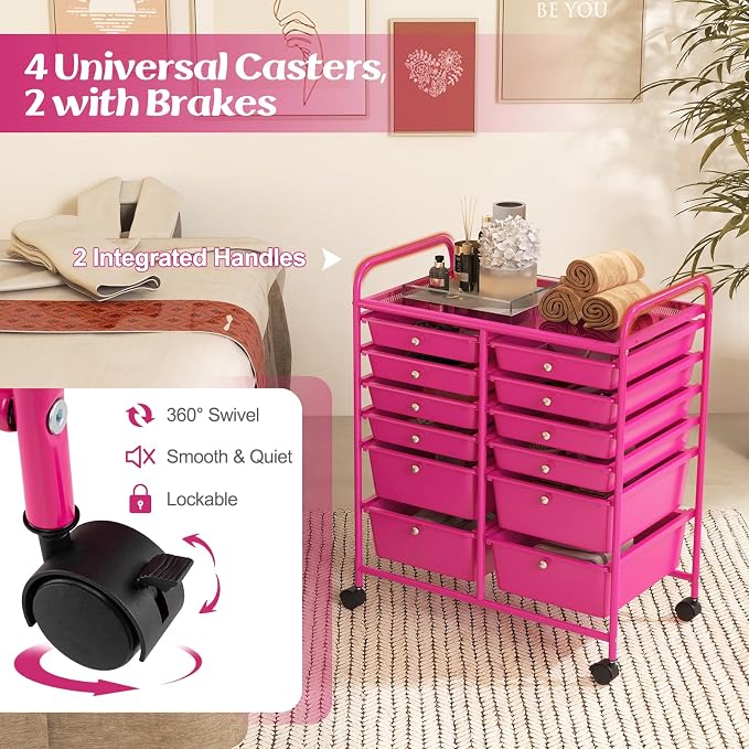 Moccha 12-Drawer Rolling Storage Cart - Utility Cart on Wheels with Lockable Casters for Craft Art Supply Paper Salon, Mobile Drawer Carts for Classroom Teacher School Office (Hot Pink) - Image 6