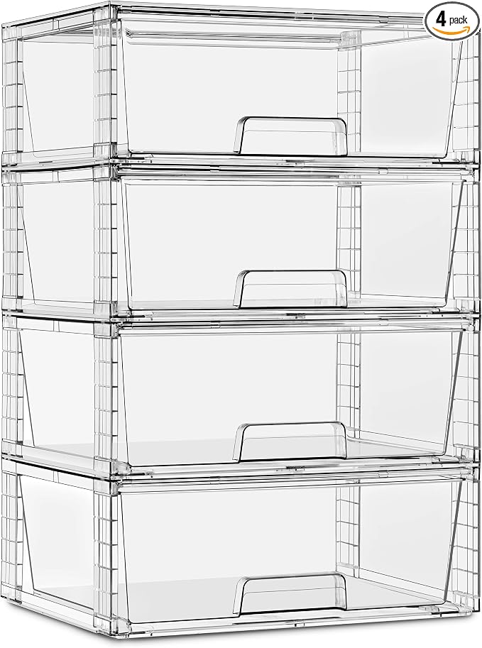 Sorbus Stackable Clear Storage Drawers, Pull-Out Organizer Bins – Large Plastic Drawer Organizers for Bathroom, Under Sink, Closet, Pantry & Kitchen Organization (4 Pack) by Sorbus