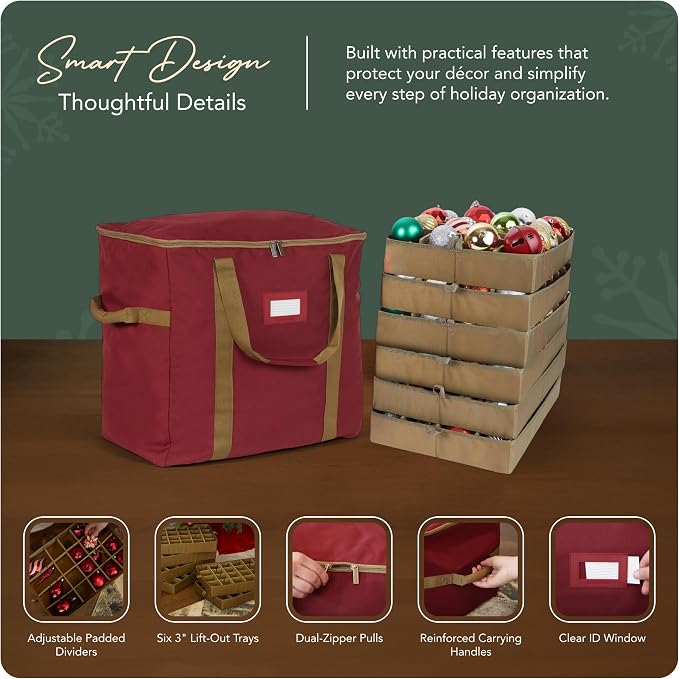 Covermates Keepsakes Adjustable Ornament Storage Bag – Heavy-Duty Polyester, Padded Dividers & FlexGrid Trays – Protective Holiday Ornament Organizer with Handles & Label Window, Red - Image 4