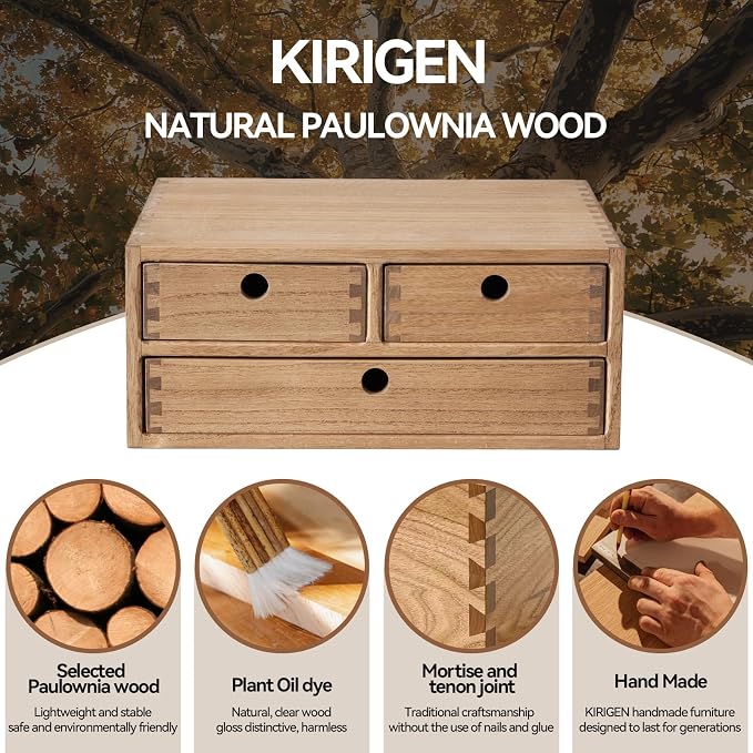 KIRIGEN Wood Desk Organizer with 3 Drawers, Desktop Storage Brown 23-DBR | Wooden Desktop Drawer Hold A4 Papers, Stationery, Jewelry, and Makeup, Fully Assembled for Home Office - Image 7