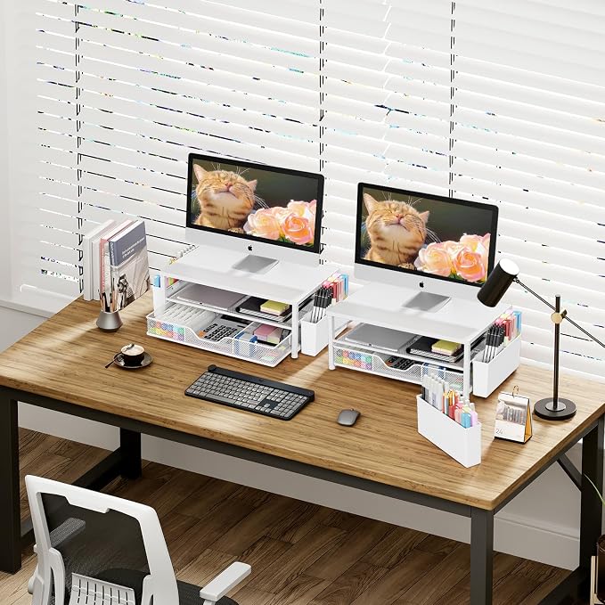 Desk Organizers and Accessories, Computer Monitor Stand Riser with Drawer and 2 Pen Holders, Printer & Laptop Stand, Office Desk Accessories & Workspace Organizers for Home Office Supplies, White Wood - Image 2