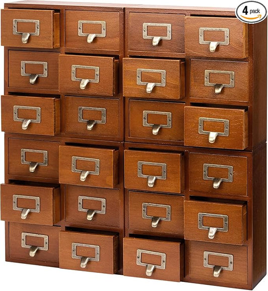 Stackable Modular 4-Pack 24 Drawer Wood Card Catalog Drawers for Desktop - Stackable Mini Storage Drawers for Office or Study Table - Arrange Your Own Drawer Storage Cabinet for Table, Fully Assembled by Woodaholic