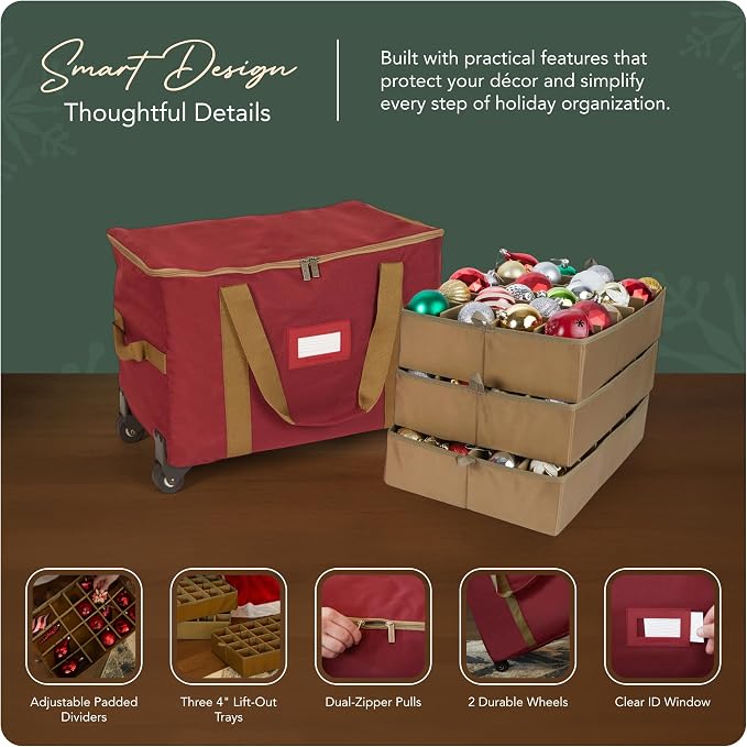 Covermates Keepsakes Rolling Adjustable Ornament Storage Bag – Heavy-Duty Polyester, FlexGrid Trays & Padded Dividers – Protective Holiday Organizer with Wheels, Handles & ID Window, Red - Image 4