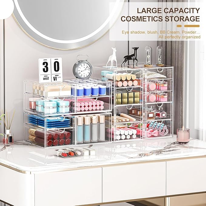 4-Pack Acrylic 16-Drawer Storage & Makeup Organizer for Desk | Smooth-glide drawers, clear acrylic, stackable, dustproof, wipe clean, for office supplies, pens, jewelry, makeup - Image 3