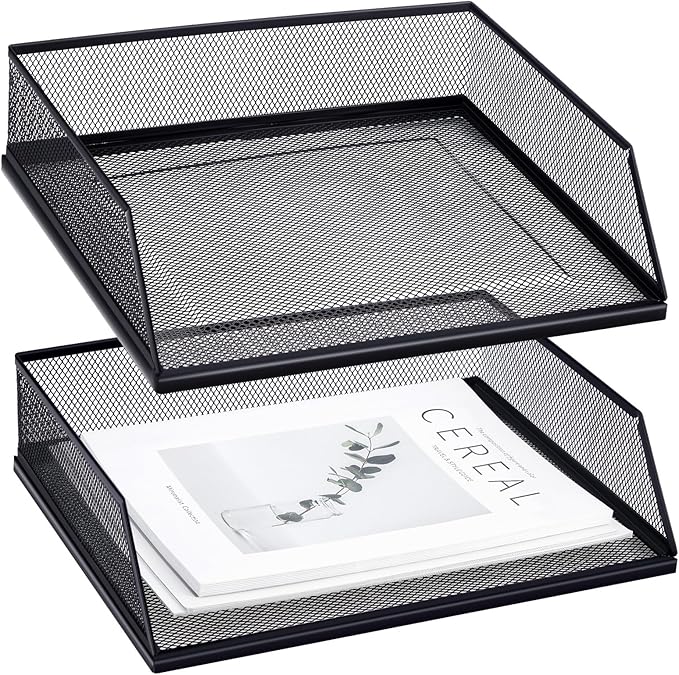 Hicarer 2 Pcs Black Metal Letter Tray Stackable Desk Tray Single Wire Mesh Organizer Front Load File Paper Holder for Desktop Office Home School Classroom (9.84 x 12.8 Inch) by Hicarer