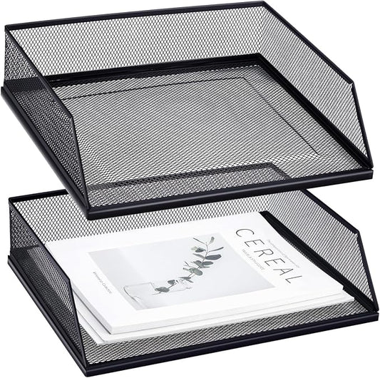 Hicarer 2 Pcs Black Metal Letter Tray Stackable Desk Tray Single Wire Mesh Organizer Front Load File Paper Holder for Desktop Office Home School Classroom (9.84 x 12.8 Inch) by Hicarer