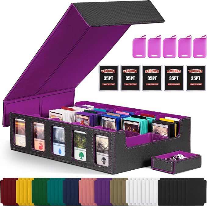 Kabinka Trading Card Storage Box with Commander Display, 5-Row Deck Case with Removable Lid; 3900+ Card Deck Box for MTG TCG Sports Card, 5 Top Loaders, 5 Stoppers, 48 Dividers,1 Dice Tray by Kabinka