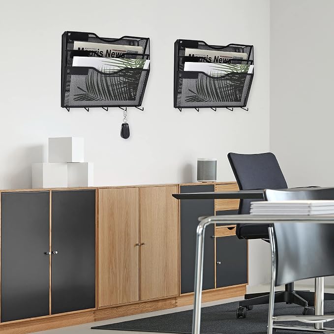 3 Pocket Mesh Hanging File Organizer with Key Holder Hooks & Nametag Label, Wall Mounted Mail Paper Document Folder Clipboard Storage Organization Magazine Rack for Office Cubicle, Black - Image 7